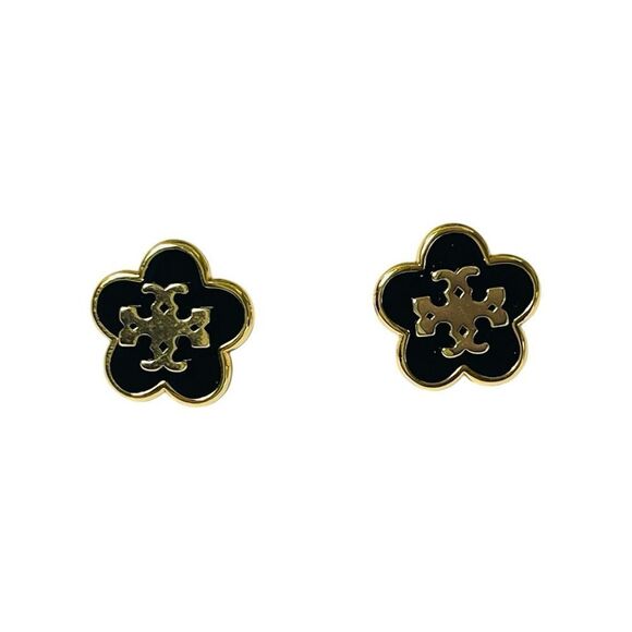 Designer Inspired Tory Black Gold Stud Earrings - Picture 6 of 8